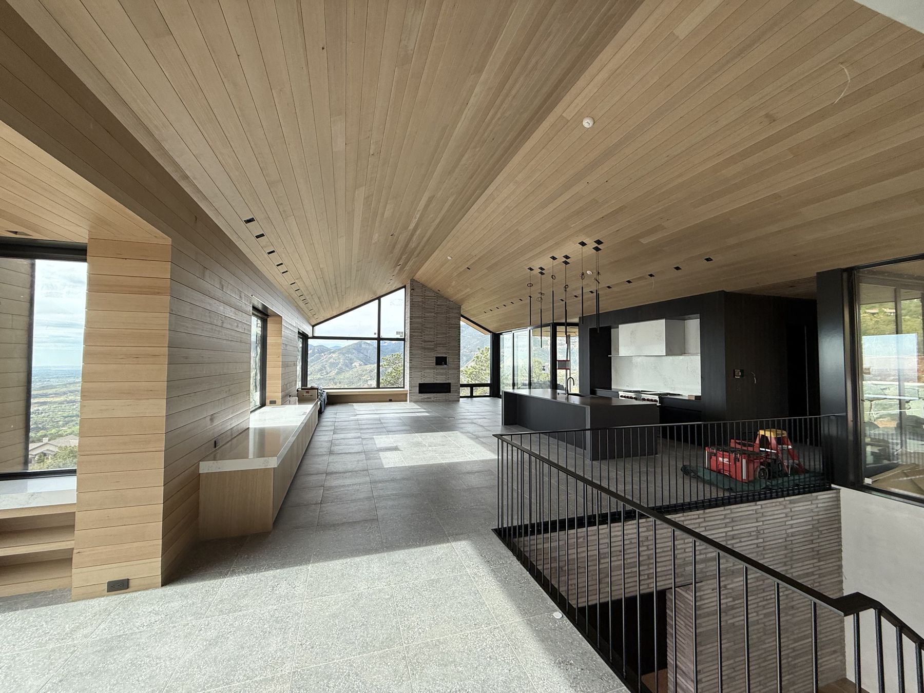 Tongue-and-groove ceiling over an open great room